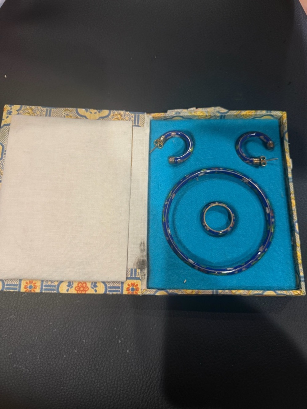 Blue and Gold Cloisonné Jewelry Set - Necklace, Bracelet, Earrings